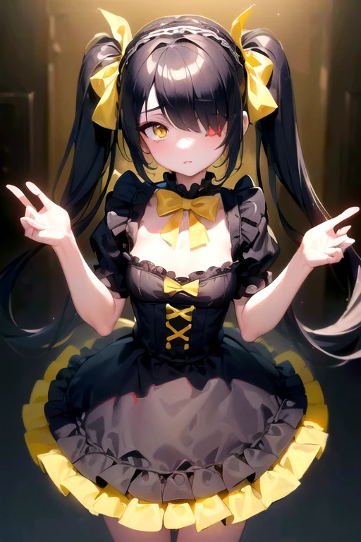 Obra maestra, best quality, succubus, two_wings, teenager, long_black_tail_hair, 1girl, yellow_eyes, (li_girl), armpit, big_legs, long_socks_thighs, shorts_dress, big_hips, ribbon_hair, stand_up, smile.