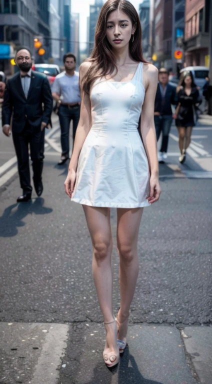 ((best quality, 8K, original photo: 1.3)), 1 girl, Smile, whole body, face slimming, pretty Woman, (free hair color), Free color full length dress: 1.1, Fashion high heels, Super detailed faces, delicate eyes, double eyelids, blurred background, face slimming, City, external, street,high dynamic range (high dynamic range),Ray tracing, ((sharp focus:1.4)) ((standing posture:1.3)),Movie plot,(sharp focus:1.2), Very detailed, (lifelike:1.4), (The original image, 8K high resolution:1.2), RAW candid movies, 16 mm, Color graded Portra 400 film, Surreal, subsurface scattering, Ray tracing, (Volumetric lighting)
