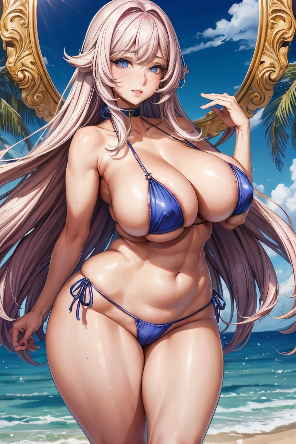 Adult content creator, exuding milky maturity, poses confidently in a full body shot with an aspect ratio of 9:16. She dons a micro bikini that accentuates her curvaceous figure and generously proportioned breasts. Thick, bobbed hair, brushed in a pink style reminiscent of anime, cascades down her shoulders and frames her elegant face.

This masterpiece, crafted in the highest quality, boasts ultra-detailed facial features. Her eyes, perfectly outlined and expressive, convey a story of intrigue and allure. Her lips, full and inviting, curve up in a knowing smile that radiates charisma. Each strand