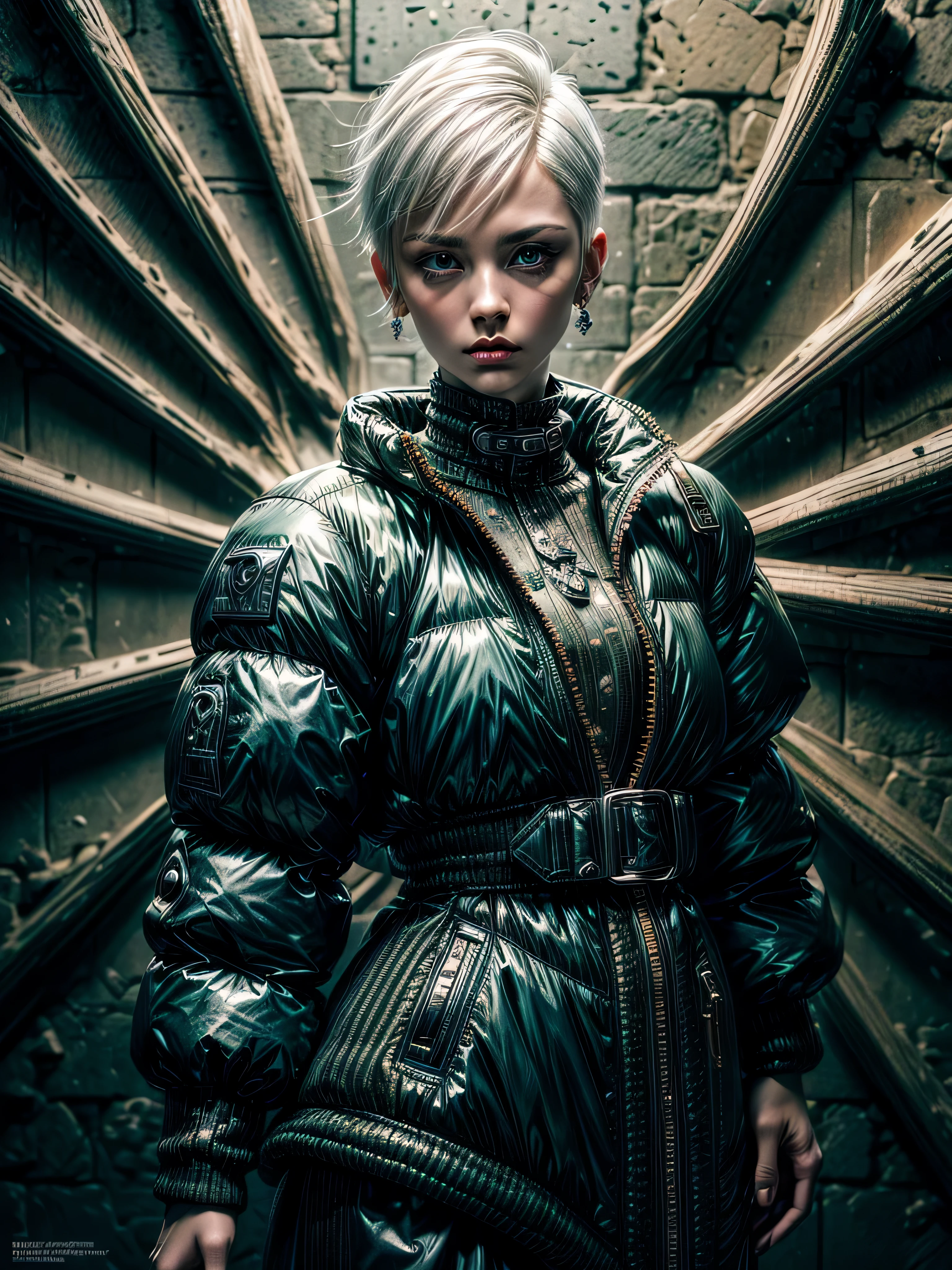 magazine cover,realistic,photo,raw photo, ultra high definition, 35mm,cinematic(1woman with super puffer balenciaga jacket with short hair,white hair, green eyes, full body view,neck tattoos), leaning against a wall, colorful background graphite,ultra sharp