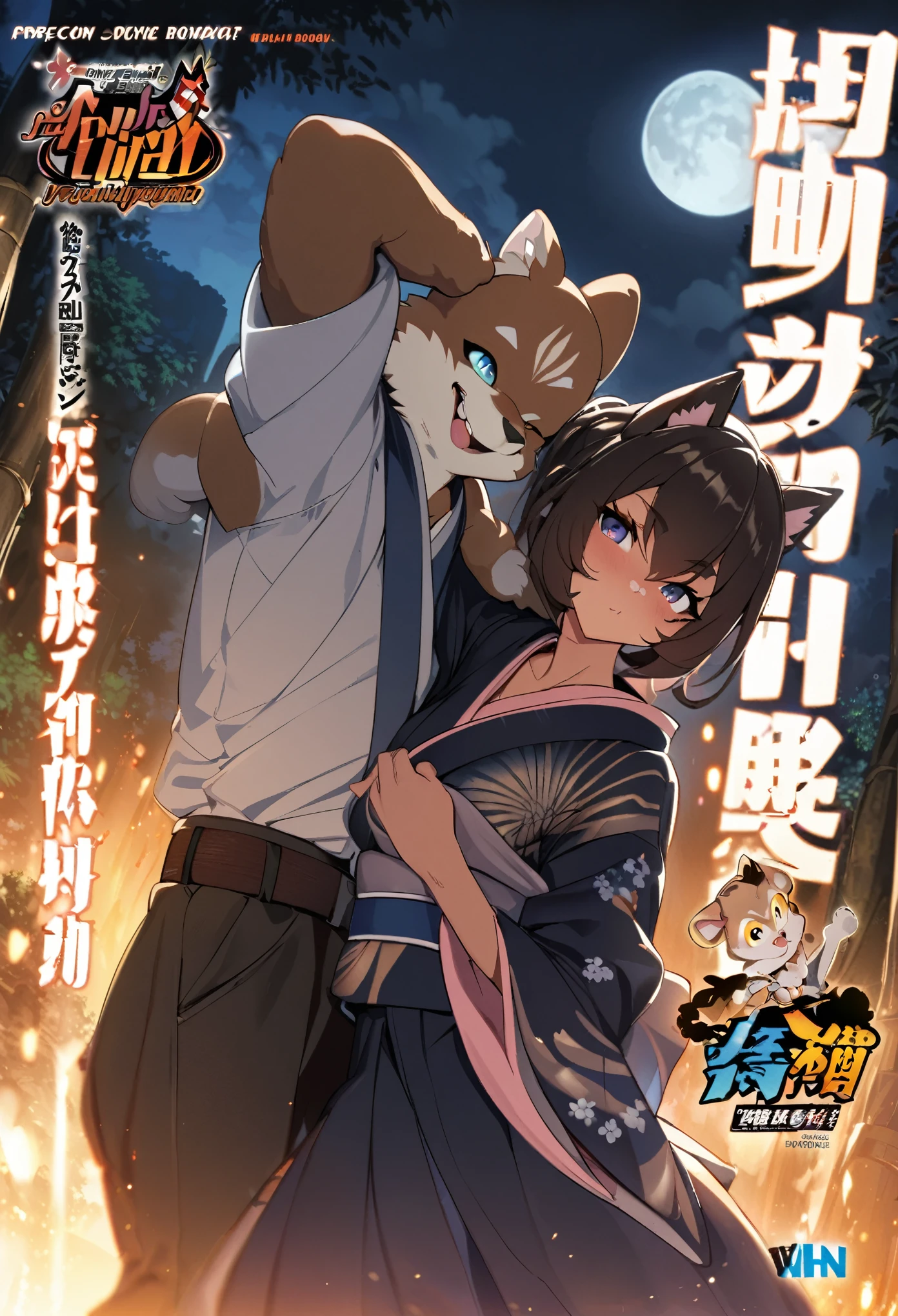 cover_page, highres, top quality, best quality, absurdres, movie posters, perfect anatomy(furry, kemono, anthro, 1boy, 1girl, buddy)bamboo forest, dark night with beautiful full moon, backlighting, battle(Japan kimono)dynamic pose,