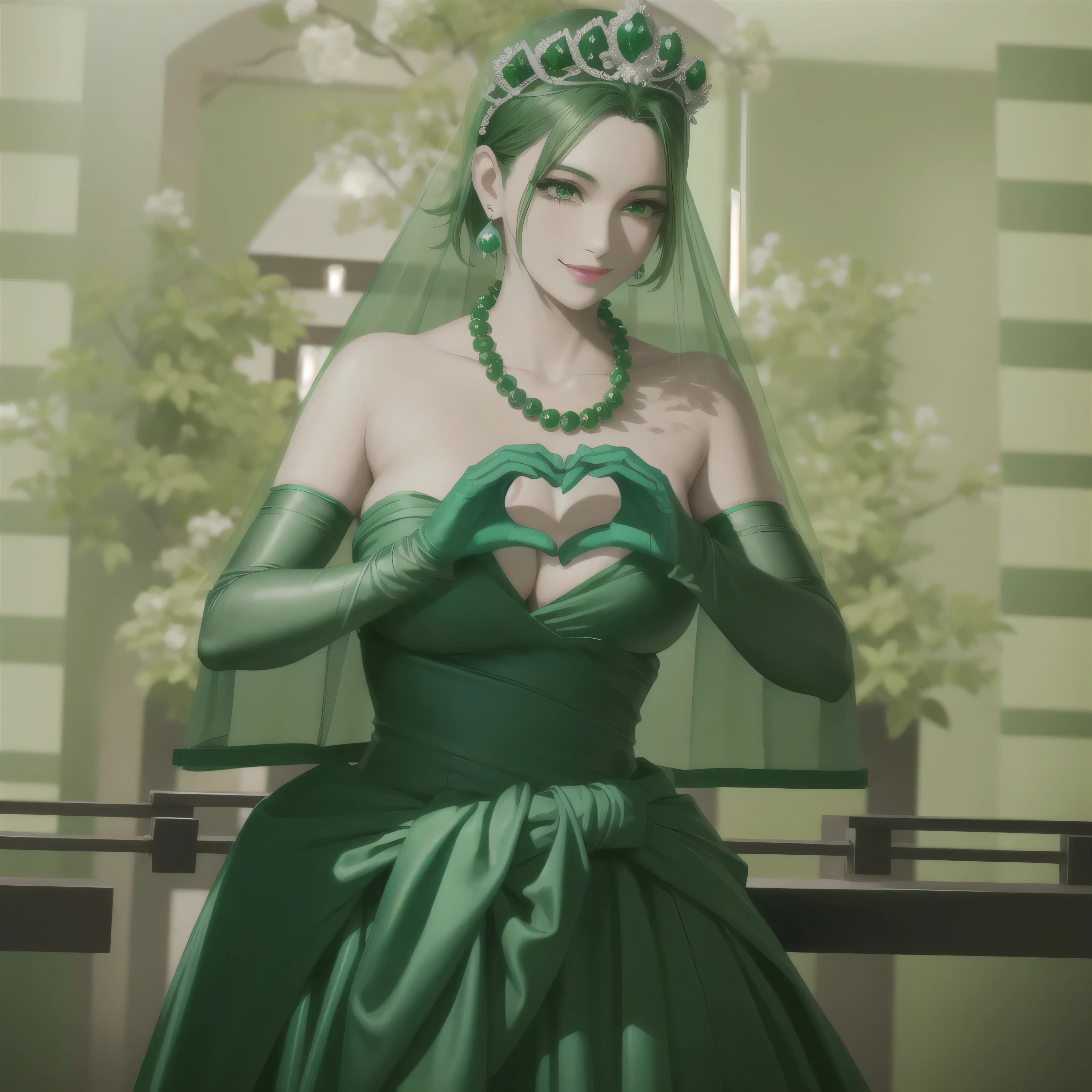emerald tiara, green pearl necklace, boyish very short green hair, green lips, smiling Japanese woman, very short hair, Beautiful woman with big breasts, green eyes, Green satin long gloves, green eyes, emerald earrings, green veil, Heart with both hands, green hair, beautiful japanese woman, heart shaped hands:1.3, green lip gloss