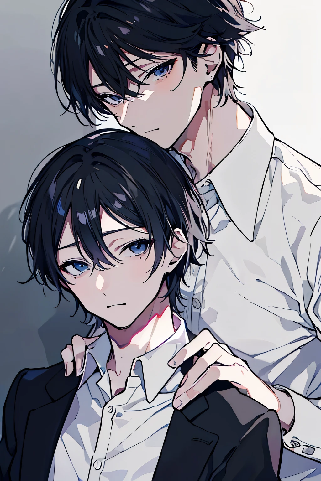 (muste piece), (best quality), very detailed, ((Two friendly men)), perfect face, beautiful face, very detailed顔，(black haired man:1.3)，(white haired man:1.3)，suit，shirt