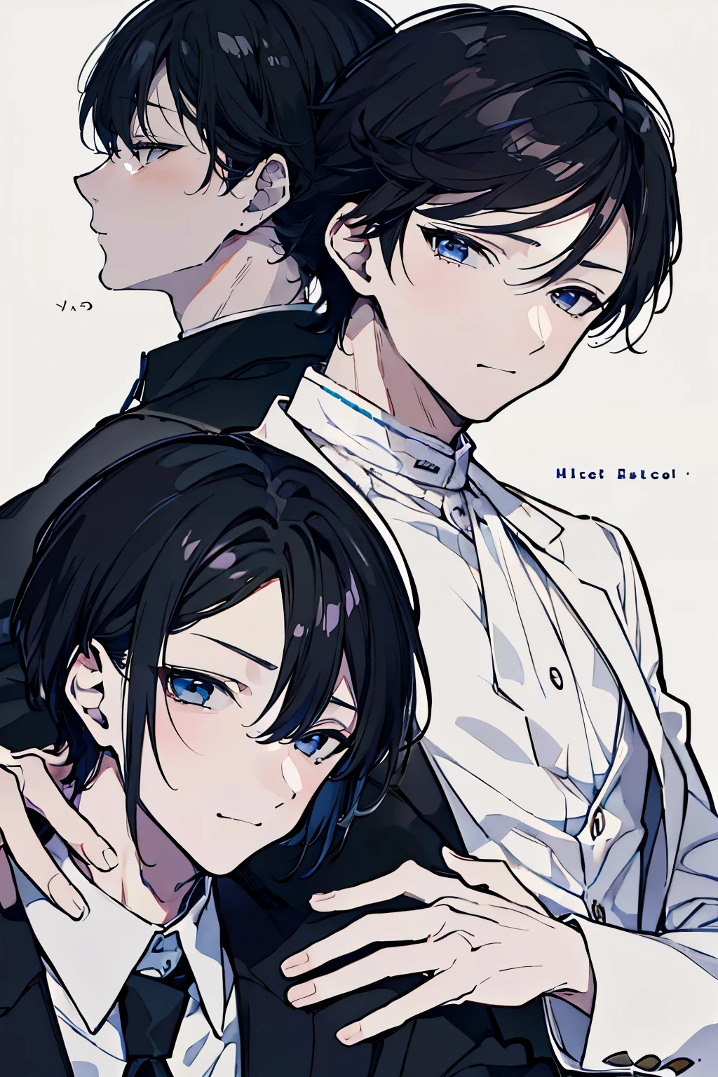 (muste piece), (best quality), very detailed, ((Two friendly men)), perfect face, beautiful face, very detailed顔，(black haired man:1.3)，(white haired man:1.3)，suit，shirt