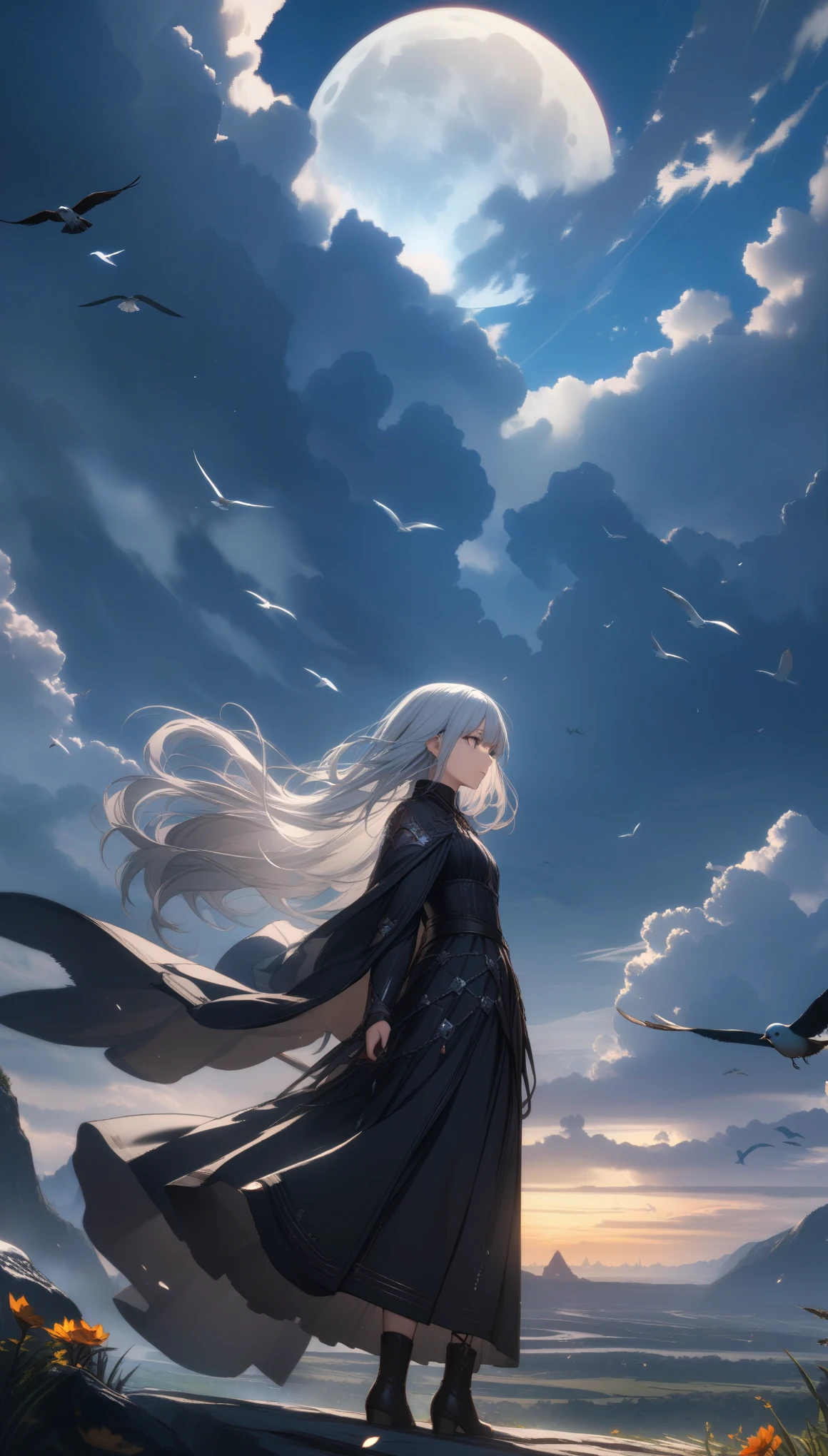 32k, best quality, ultra high res, HDR, UHD, extremely detailed CG, unity 32k wallpaper, highest quality, very detailed, masterpiece, Super detailed, cloud, witch_have, have, 1 girl, null, green_null,Day, length_hair, cloudy_null, moon,bird, alone, Silver_hair, witch, outdoor,  