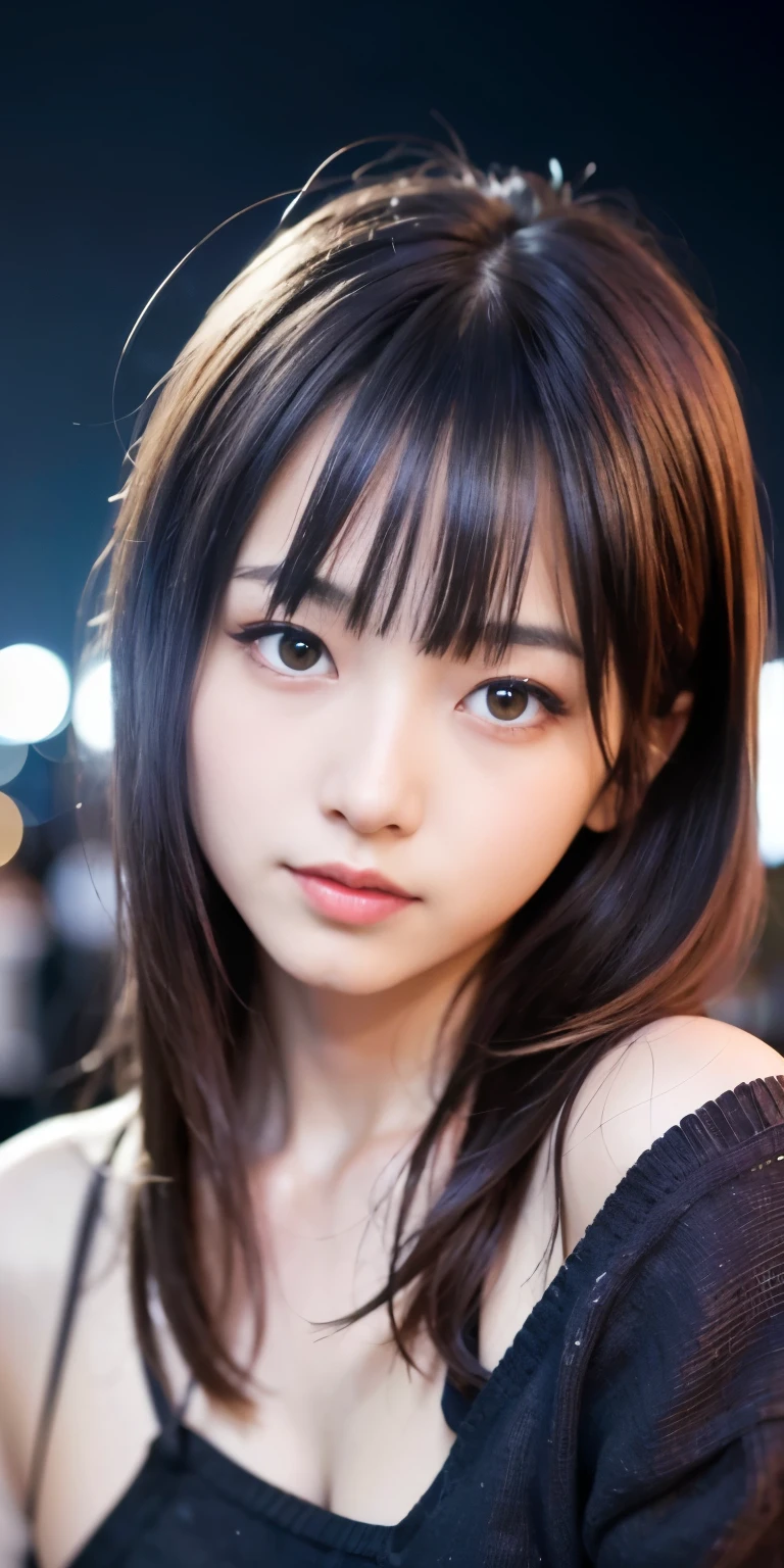 1 girl, tokyo street,night, cityscape,city lights,Upper body,close,smile,, (8K, Raw photo, highest quality, masterpiece:1.2),(realistic, photo-realistic:1.37),