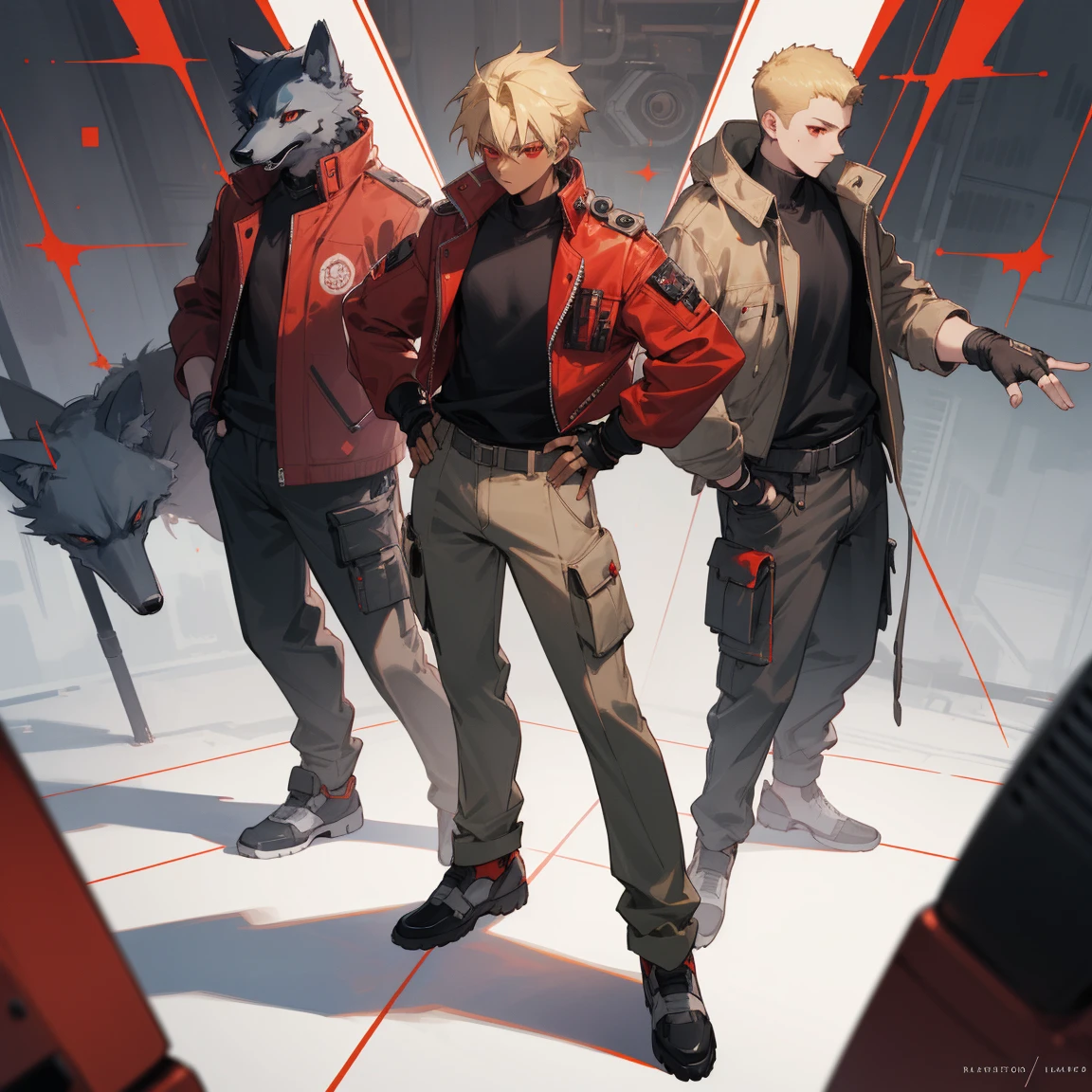 ((highest quality)), ((masterpiece)), (be familiar with), 1 male, alone, blonde,brown skin,red eyes,cargo pants,Red jacket,black shirt,Large size,Hairstyle is wolf cut,Fingerless Gloves, put your hands on your hips,cyber punk,SF