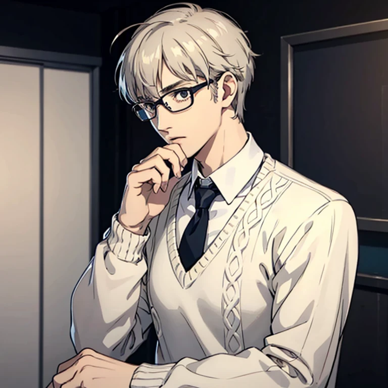 ((Human Male Young r)) , white Messy hair , wearing Glasses ,Tie , ((wearing sweater)) Tired eyes ,((solo )),Police officer ,