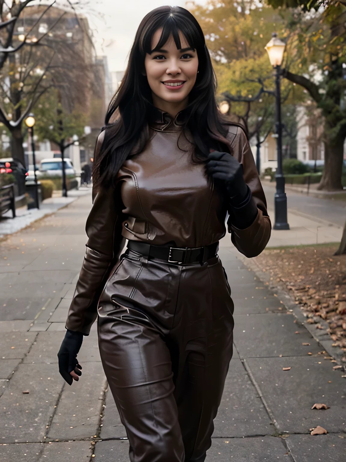 smiling Bettie Page walking in the park. Close photo. Long black hair. Wearing brown coat, brown leather gloves, trousers and pulover. Winter. Perfect slim ????????????. Photorealistic. Realistic colors. Realistic lights. Masterpiece. Realistic ???????. Highly detailed. Realistic details. High quality.