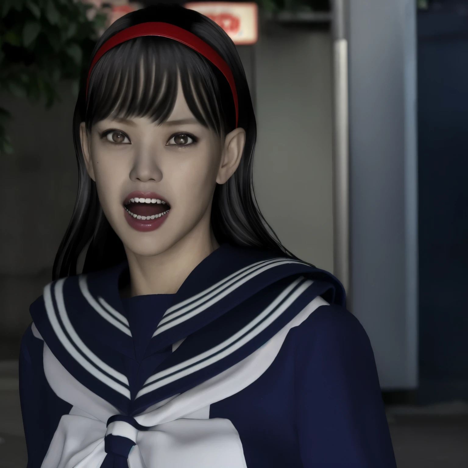 ((Sad、shed tears))、((sweaty、dye one's cheeks red、Sweat-soaked skin))、(8K, highest quality, masterpiece:1.2), (realistic, photo-realistic:1.37), Super detailed,highest quality, ultra high resolution, professional lighting, photon mapping, radio city, Physically based rendering, cinematic lighting, late night path,written boundary depth, sharp focus,moonlight, Good composition,1 girl,alone,(whole body), (close your mouth),fine and beautiful eyes,((red eyes、Sharp and long double teeth))、 temporarily stop, tight waist,Japanese high school girl, black hair,messy hair,long hair fluttering in the wind,((Sailor suit for high school girls、navy blue socks))、(Ulzzang-6500:1.2)、 mix 4,