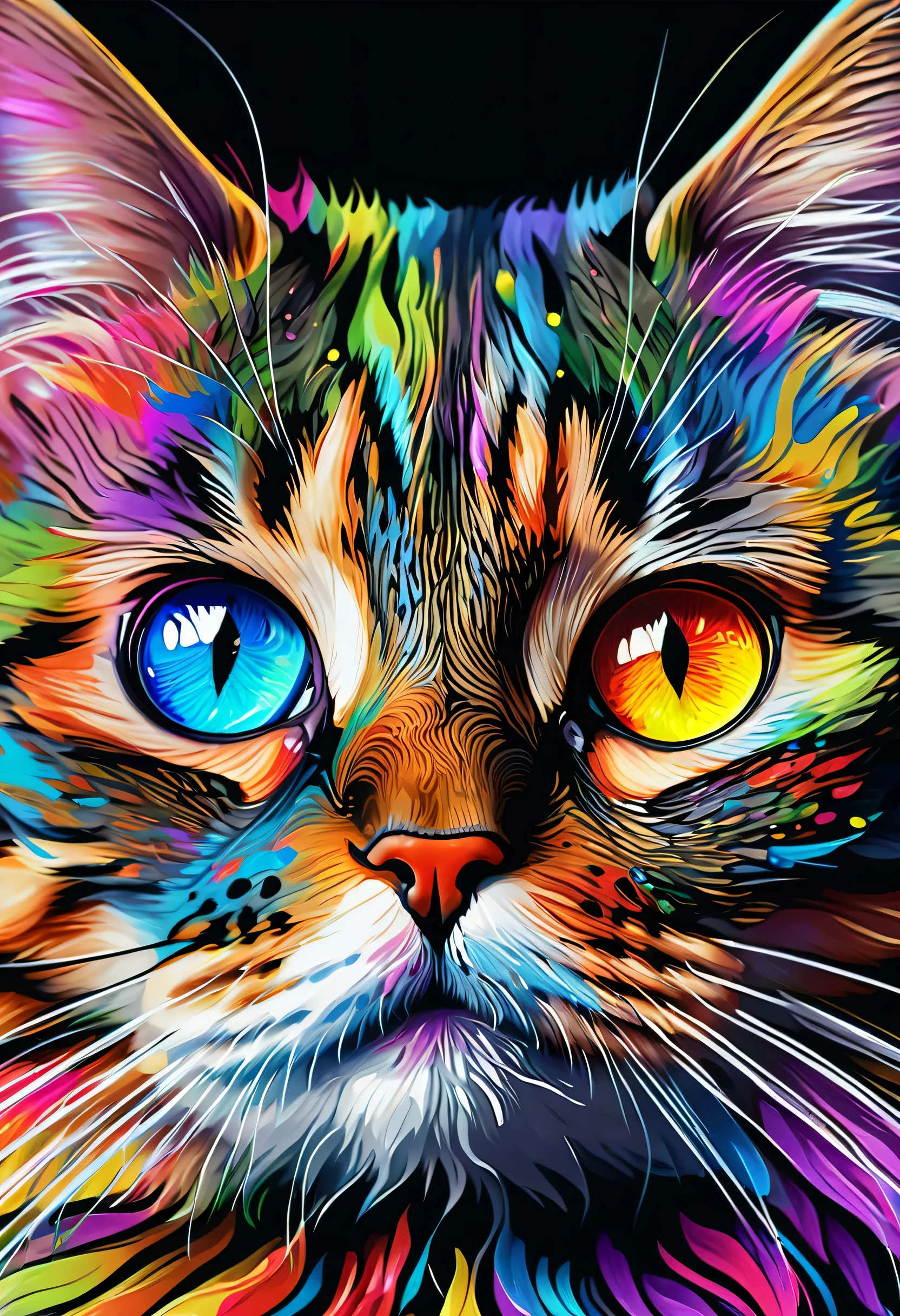 painting of a Cat with a colorful face and eyes, Beautiful Art UHD 4K, 4k Highly detailed digital art, 4k detailed digital art, Cat. digital painting, Detailed painting 4k, digital painting highly detailed, Beautiful digital artwork, highly detailed digital painting, Highly detailed digital art, Digital Art 4k, Digital Art 4k, Amazing artwork in 8K