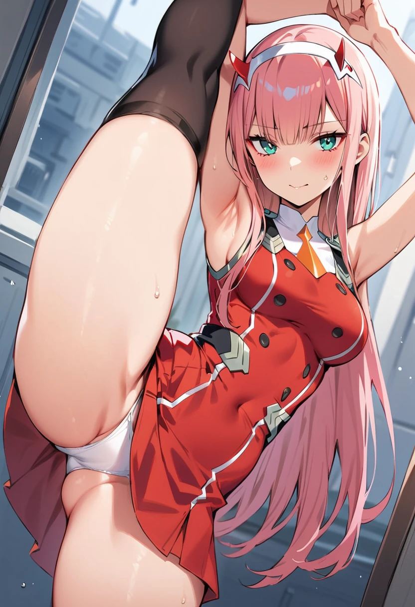 (masterpiece, best quality:1.2), 1girl, Zero Two, Darling in the franxx, solo,standing_split, 
, long hair，Red sleeveless short vest，pink skirt，Black