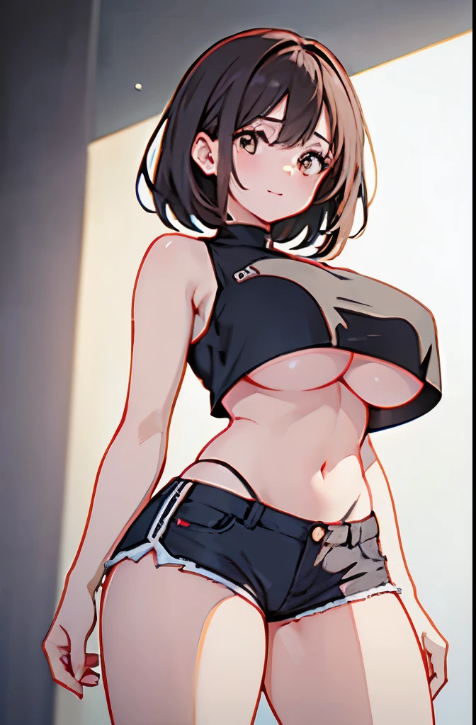 (best quality, masterpiece:1.2), Sketch full view of a hot looking fair skin 29 year old woman standing in front of us. She has brown eyes and short straight black hair. She has big breasts, playful smile. She has a nice curvy physique. She is wearing a crop top and lowrider shorts. Underboob showing. Apartment background. Shading. Lighting. Dynamic pose.