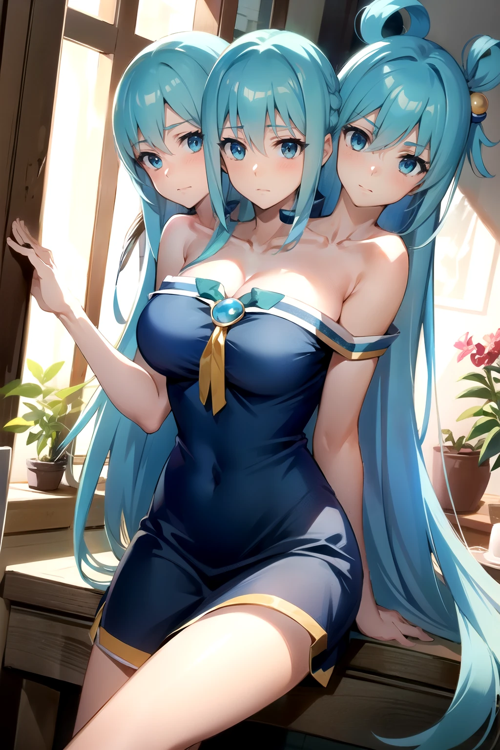 (2heads:1.5), tall body, tall, long legs, mature female, mature, adult, EFT_Konsuba_Aqua, aqua (konosuba), 1girl, long hair, blue hair, blue eyes, solo, looking at viewer, satou kazuma, sitting, indoors, collarbone, bare shoulders, very long hair