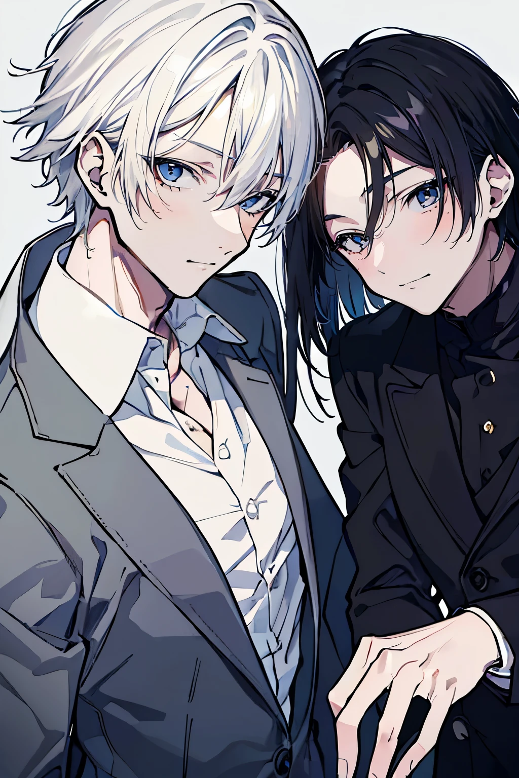 (muste piece), (best quality), very detailed, ((Two friendly men)), perfect face, beautiful face, very detailed顔，(black haired man:1.3)，(white haired man:1.3)，suit，shirt