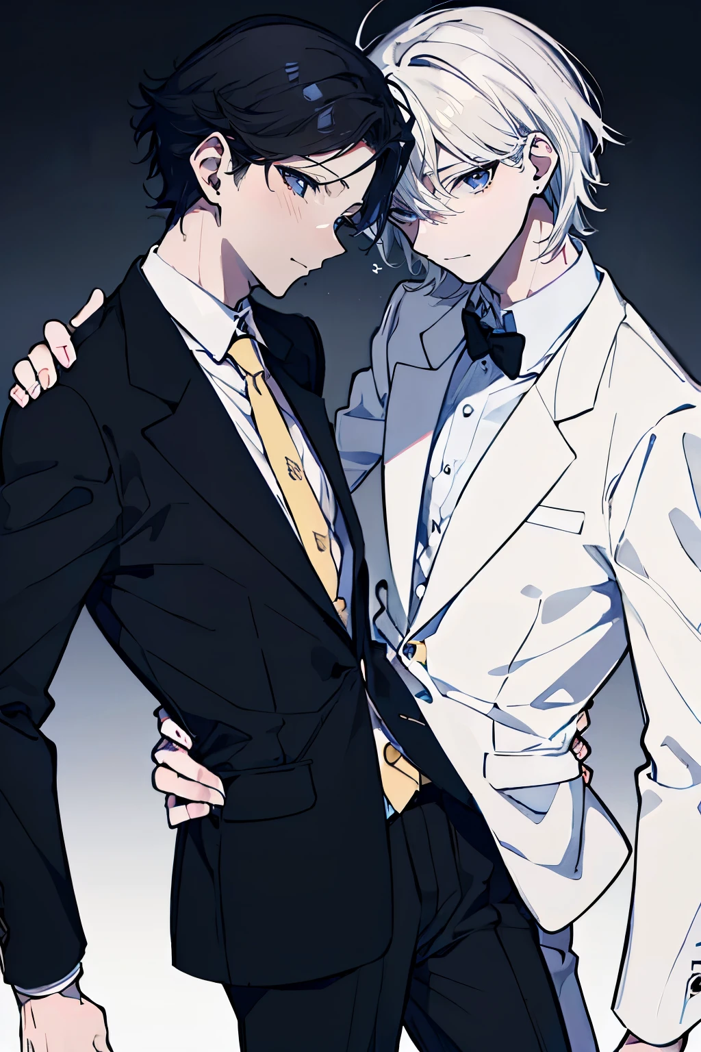 (muste piece), (best quality), very detailed, ((Two friendly men)), perfect face, beautiful face, very detailed顔,(black haired man:1.3),(white haired man:1.3),suit,shirt