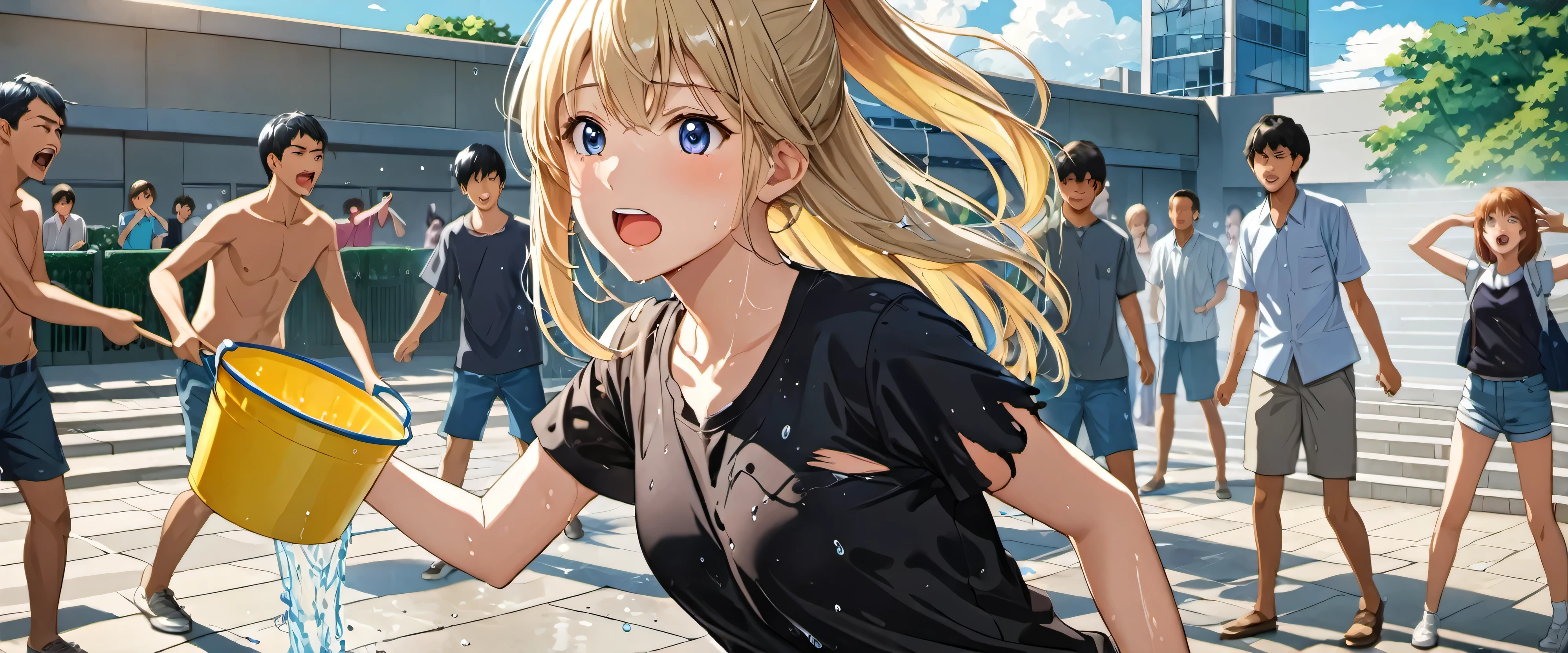 (ultra-detailed), (anime), (manga), (8k quality) a girl, high school girl, , torn clothes, covered in sweat, covered in liquid, several men throwing water at the girl, several men throwing buckets of water at girl, urban environment