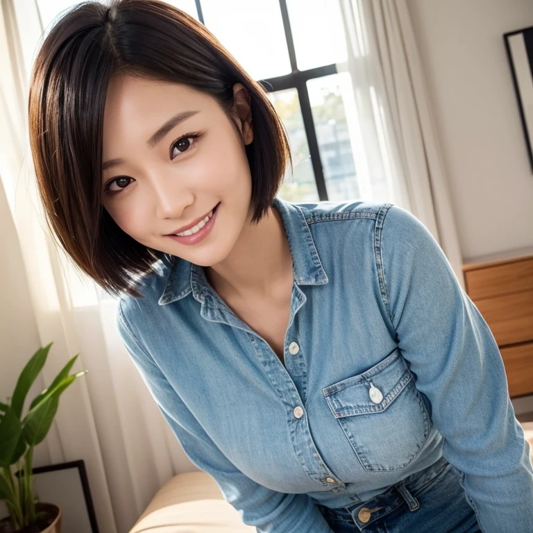 The face of a beautiful Japanese woman in her thirties with short hair, wearing a dark blue long-sleeved cotton shirt and jeans pants, looking at me, smiling slightly, and holding out her hand. Focal length 100mmf/2.8, spring day, sunny, living room on the upper floor of a high-rise apartment, ideal light source, well-shaped face, toned body, close-up of eyes, sense of presence, 8K image quality, highest quality.