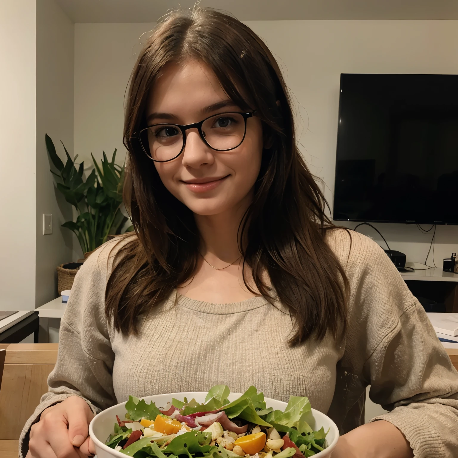 Caucasian young woman in glasses with a salad 
