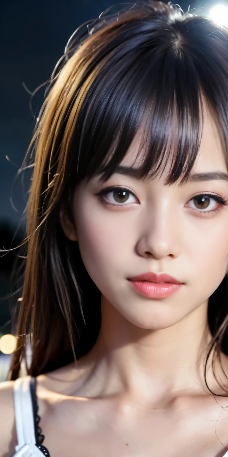 1 girl, tokyo street,night, cityscape,city lights,Upper body,close,smile,, (8K, Raw photo, highest quality, masterpiece:1.2),(realistic, photo-realistic:1.37),