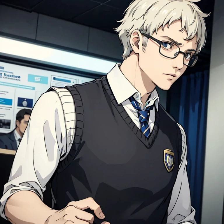 ((Human Male Young ager)) , white Messy hair , wearing Glasses ,Tie , ((wearing sweater vest)) Tired eyes ,((solo )),Police officer ,