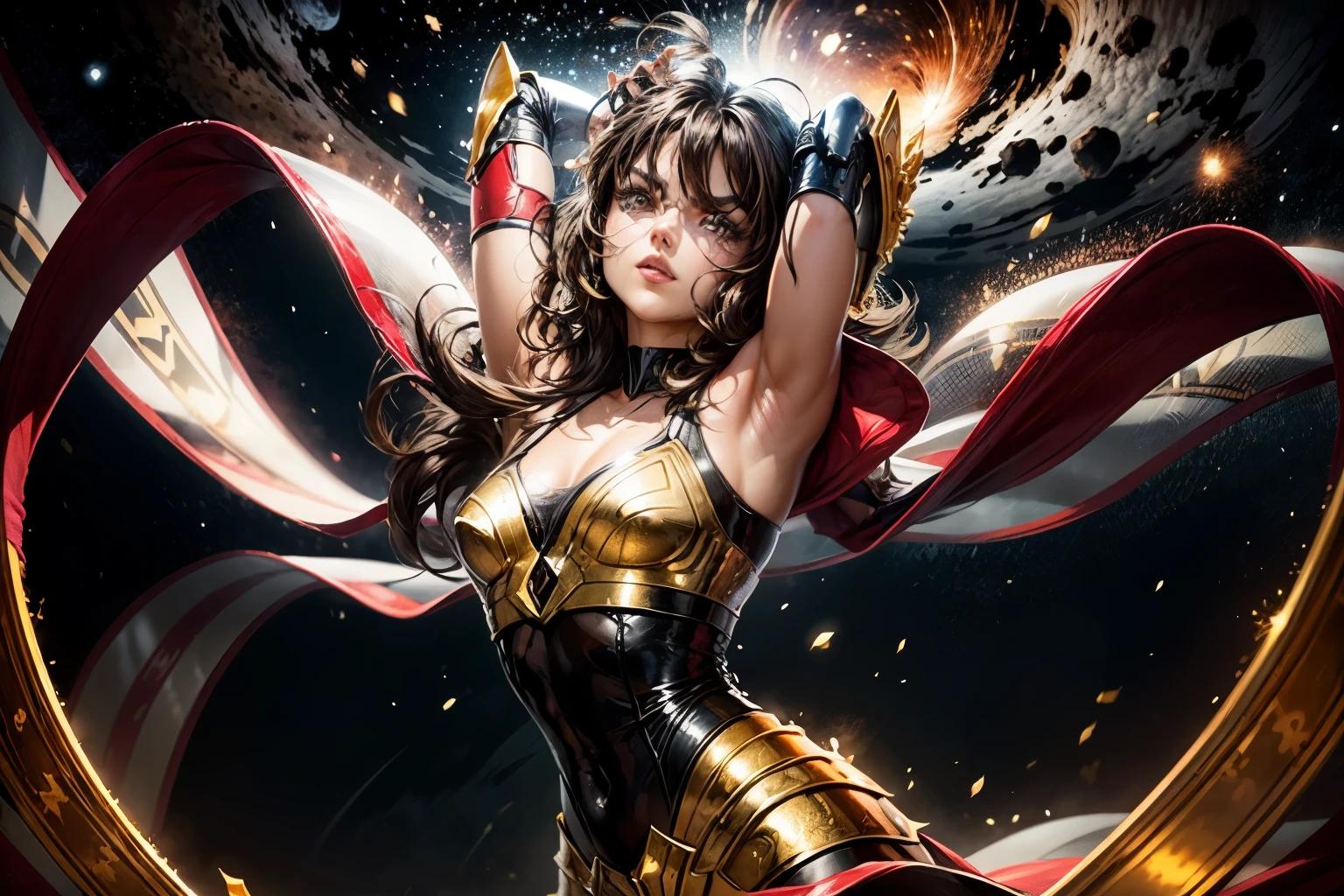 Beautiful female saint, Alluring figure,Under bright movie lights, Highly detailed depiction of Saint Seiya in his iconic golden armor. The armor sparkles,Detailed and ultra-realistic, Emphasize each piece and complexity. Saint Seiya characters stand tall, Radiates a sense of strength and determination, eyes sparkling,Delicate lips. The whole scene is set against a clean background, Focus the audience's attention on the protagonists and their golden armor. Set against the backdrop of the universe, Nebulae and stars fill the sky, Create a sense of awe and grandeur. The colors in the scene are bright and vivid, Contributes to the overall visual effect. Lighting is professionally executed, Highlights the protagonist and captures the essence of the original Saint Seiya series. highest image quality, Resolution is 8K, Make sure every detail is visible. This artwork is trending,The talent of the artist is showcased,Created a highly detailed and visually captivating representation of Saint Seiya in golden armor.