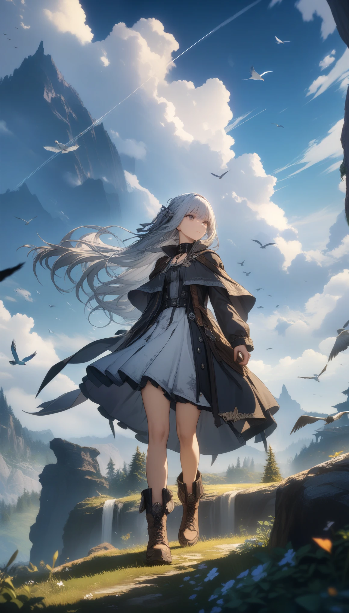 32k, best quality, ultra high res, HDR, UHD, extremely detailed CG, unity 32k wallpaper, highest quality, very detailed, masterpiece, Super detailed, cloud, witch_have, have, 1 girl, null, green_null,Day, length_hair, cloudy_null, moon,bird, alone, Silver_hair, witch, outdoor,