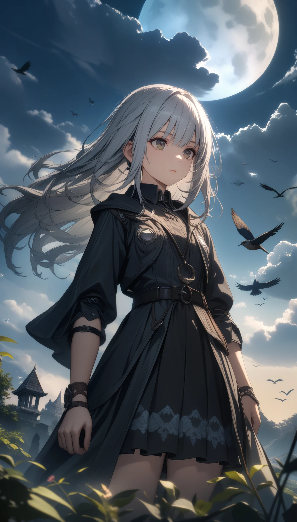 32k, best quality, ultra high res, HDR, UHD, extremely detailed CG, unity 32k wallpaper, highest quality, very detailed, masterpiece, Super detailed, cloud, witch_have, have, 1 girl, null, green_null,Day, length_hair, cloudy_null, moon,bird, alone, Silver_hair, witch, outdoor,  