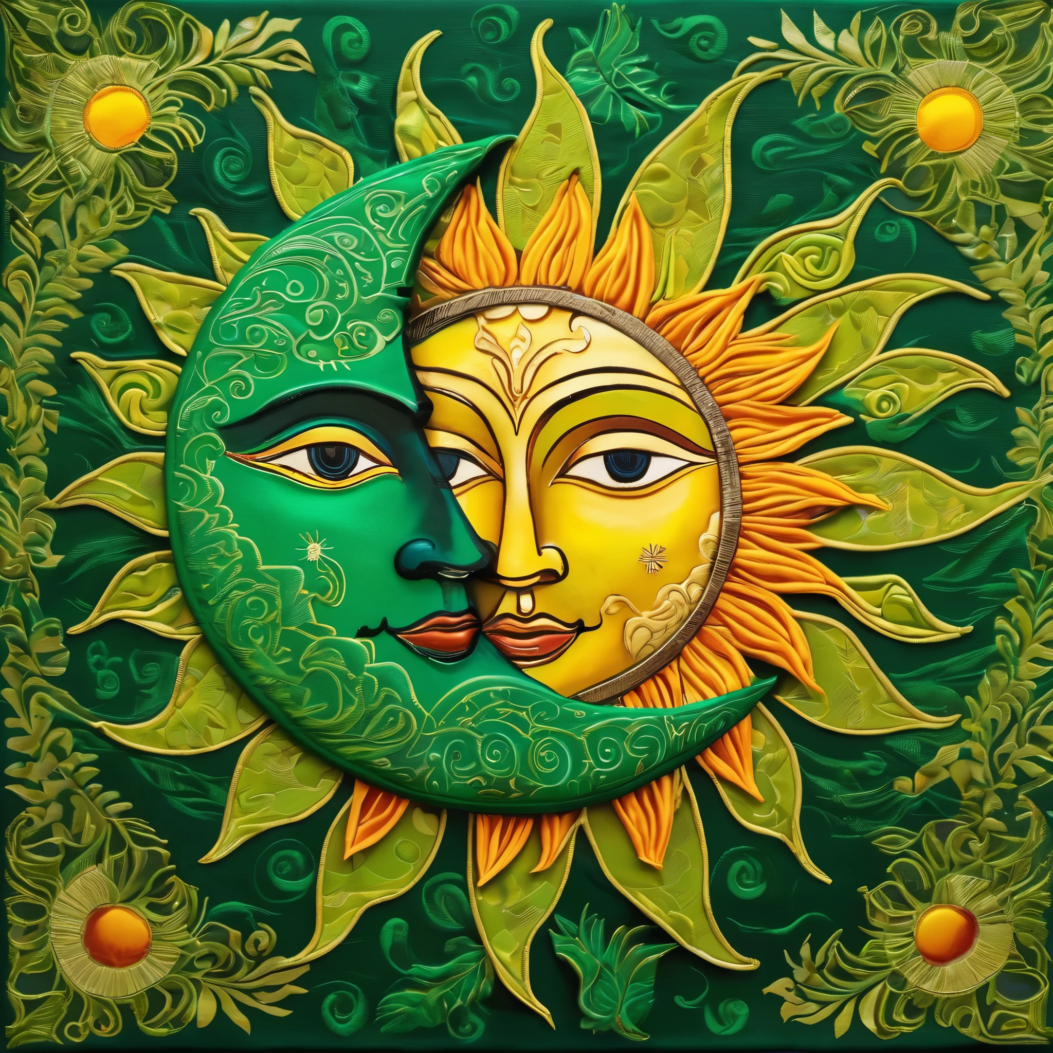 A fabric painting style image of sun and moon half of each of them combined together side by side. Green prominent. Dark background with beautiful patterns.