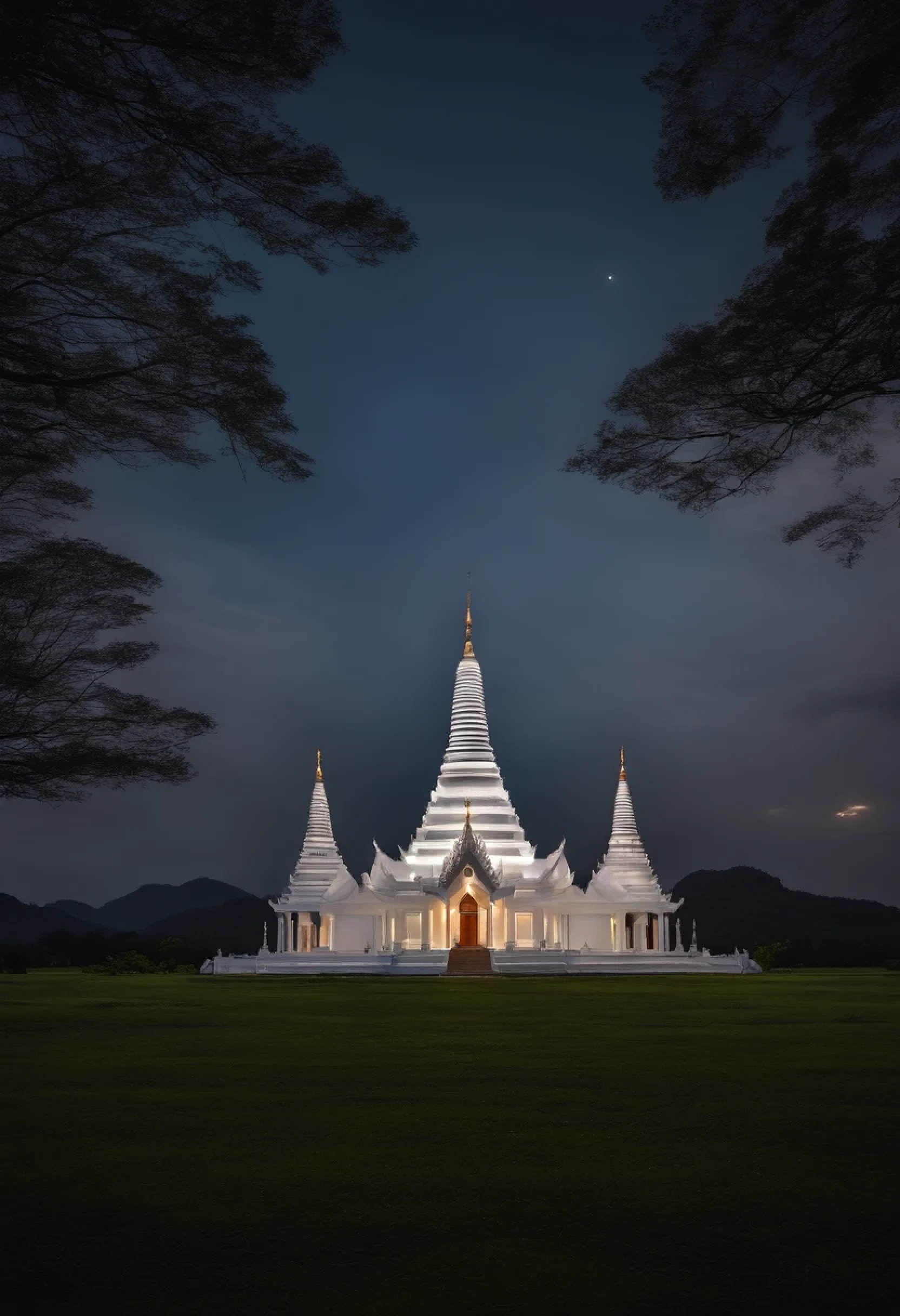 front view, in the center, night, white temple, church, triangular roof, field, nature