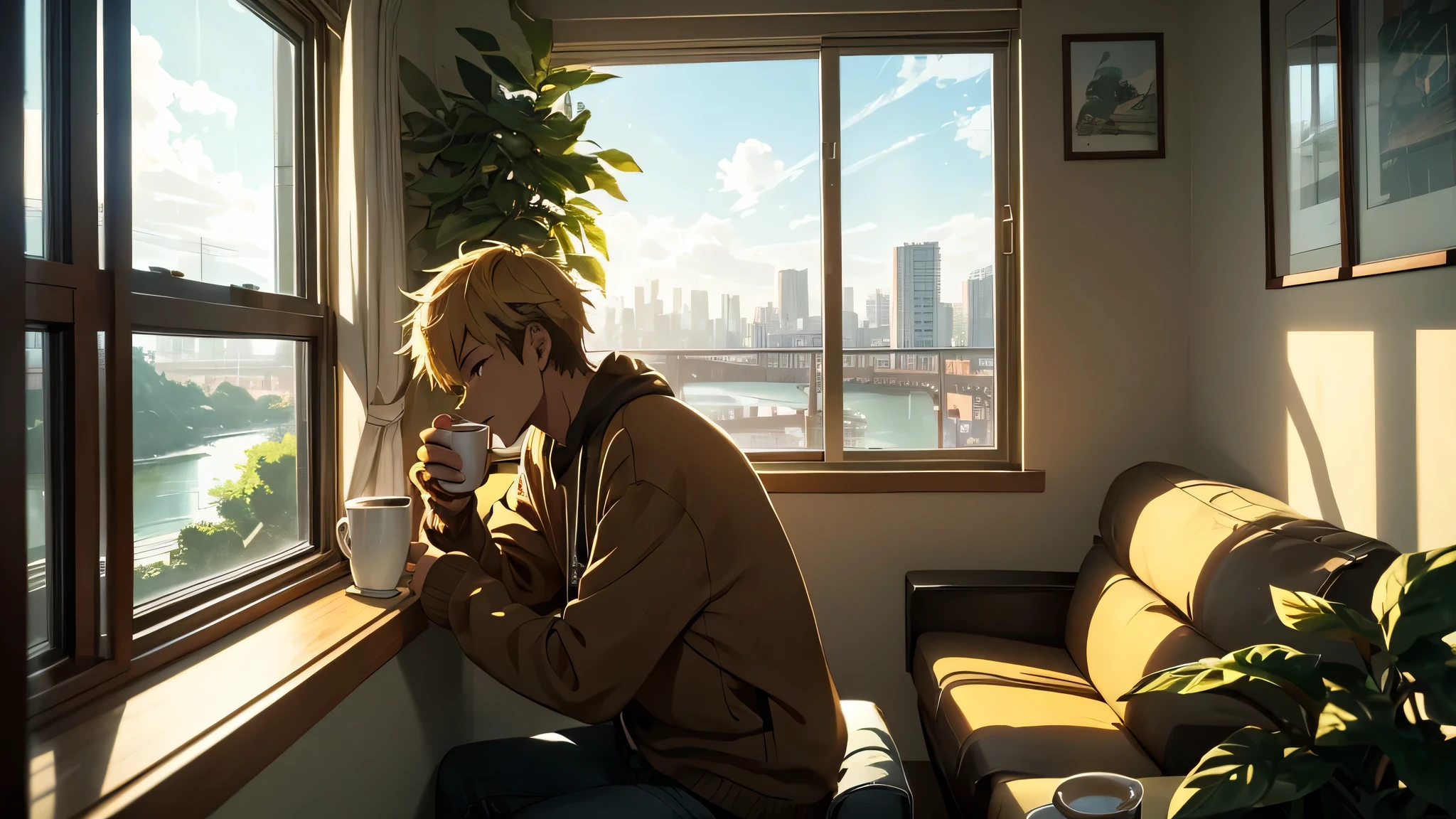 Lofi chill boy with cigarette and coffee looking out the window from a nice apartment, anime, chill, golden sunray, morning, quiet, lots of green plants, river view, fantasy, holding steaming hot coffee, looking out the window at the river, golden sky, fantasy world where everyone is happy, high on drugs, relaxing