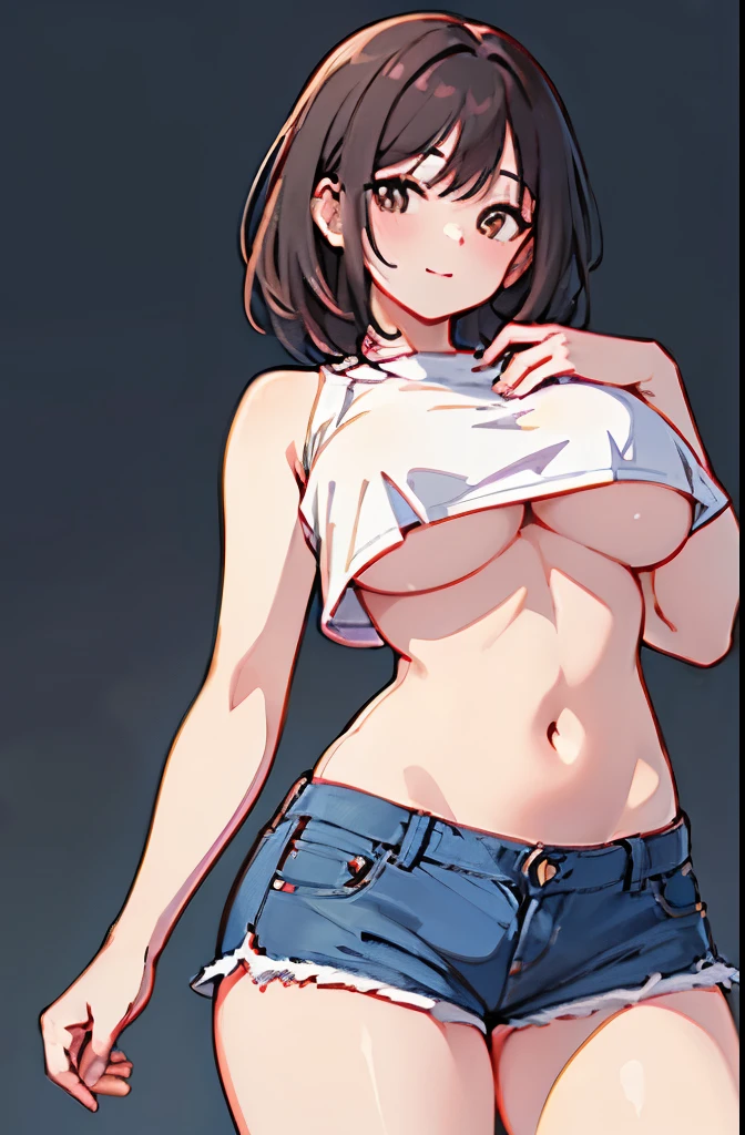 (best quality, masterpiece:1.2), Sketch full view of a hot looking fair skin 29 year old woman standing in front of us. She has brown eyes and short straight black hair. She has big breasts, playful smile. She has a nice curvy physique. She is wearing a crop top and lowrider shorts. Underboob showing. Apartment background. Shading. Lighting. Dynamic pose.