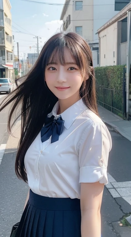 8K, Raw photo, highest quality, masterpiece: 1.2), (realistic, photo-realistic: 1.37), Super detailed, 1 girl, cute, alone, Beautiful and detailed sky,   (smile: 1.1), (closed your mouth), , 緻密で美しいeye, (collared shirt: 1.1), bow tie, pleated skirt, (long hair: 1.2), long hair, ((highest quality, 8K, masterpiece: 1.3)), sharp focus: 1.2, cute女性: 1.4,  (blue uniform), (Sunny, street: 1.2), Highly detailed face and skin texture, Detailed eye, double eyelid, white skin, cute若い日本人女性, 24-years-old, The muted colors and the contrasting combination of light and shadow create a characteristic melancholic atmosphere.。。, While emphasizing the theme'hair., eye, Words and actions, Happily、While creating work that makes you think.smile、supporting role 