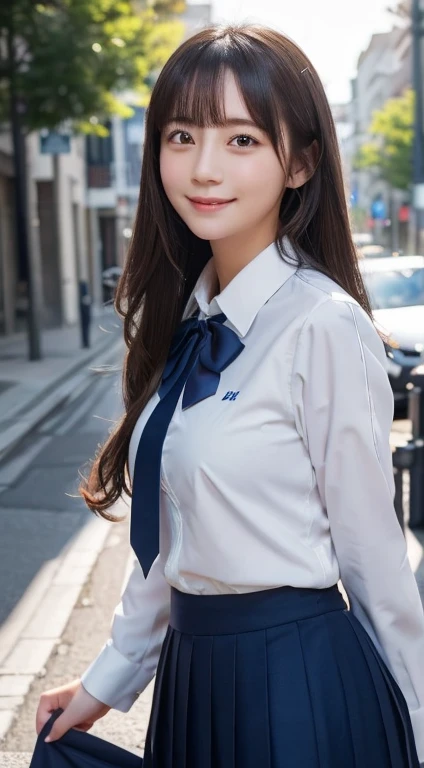 8K, Raw photo, highest quality, masterpiece: 1.2), (realistic, photo-realistic: 1.37), Super detailed, 1 girl, cute, alone, Beautiful and detailed sky,   (smile: 1.1), (closed your mouth), medium breasts, 緻密で美しいeye, (collared shirt: 1.1), bow tie, pleated skirt, (long hair: 1.2), long hair, ((highest quality, 8K, masterpiece: 1.3)), sharp focus: 1.2, cute女性: 1.4,  (blue uniform), (Sunny, street: 1.2), Highly detailed face and skin texture, Detailed eye, double eyelid, white skin, cute若い日本人女性, 24-years-old, The muted colors and the contrasting combination of light and shadow create a characteristic melancholic atmosphere.。。, While emphasizing the theme&#39;hair., eye, Words and actions, Happily、While creating work that makes you think.smile、supporting role 