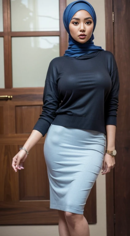RAW, Best quality, high resolution, masterpiece: 1.3), beautiful Malay woman on hijab (iu:0.8),((big breast)), perfect nose,perfect lips, perfect eyes, detail :1.2),big breast,wearing black skirt and blue sweater, long skirt, long pencil skirt, wearing eloquent long clothes, casual clothing style, simple clothing, wearing eloquent long skirt, modern fashion clothing, casual modern clothing, wearing eloquent clothing, simple dress, graceful smooth body elegant, wearing elegant casual clothes, attractive clothes, wearing long flowing fabrics, modern casual clothes,( body close up)