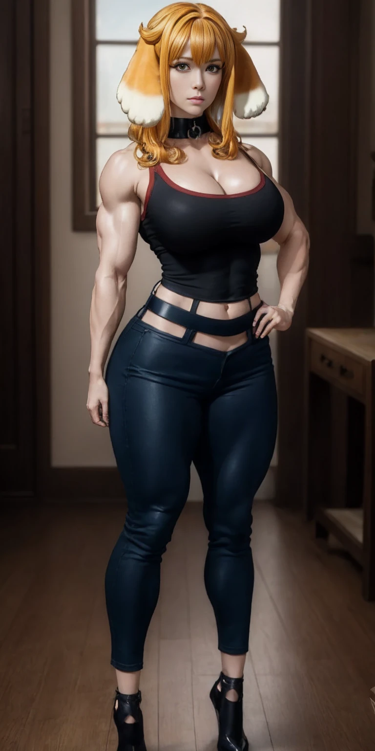 Masterpiece, burly woman, exaggerated large muscles, skinny pants, high-heels, standing on your feet, beautiful attractive face, full body like, single female, very fair skin, thin waist, very broad shoulders, strong and powerful arms, stout arms, strong and powerful leg muscles, looking to the camera, dog ears, fluffy dog ears