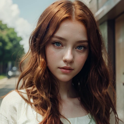 Girl with wavy red hair. Light soft skin. Light green eyes with whitish pupils. The girl is completely blind. Image style is realistic anime art.