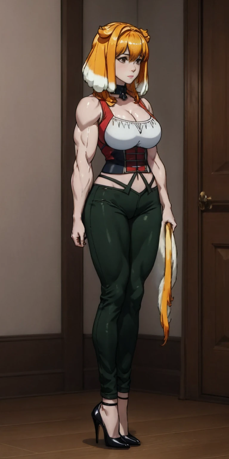 masterpiece, burly woman, exaggerated large muscles, skinny pants, high-heels, standing on your feet, beautiful attractive face, full body like, single female, very fair skin, thin waist, very broad shoulders, Strong and powerful arms, stout arms, strong and powerful leg muscles, looking to the camera, dog ears, fluffy dog ears