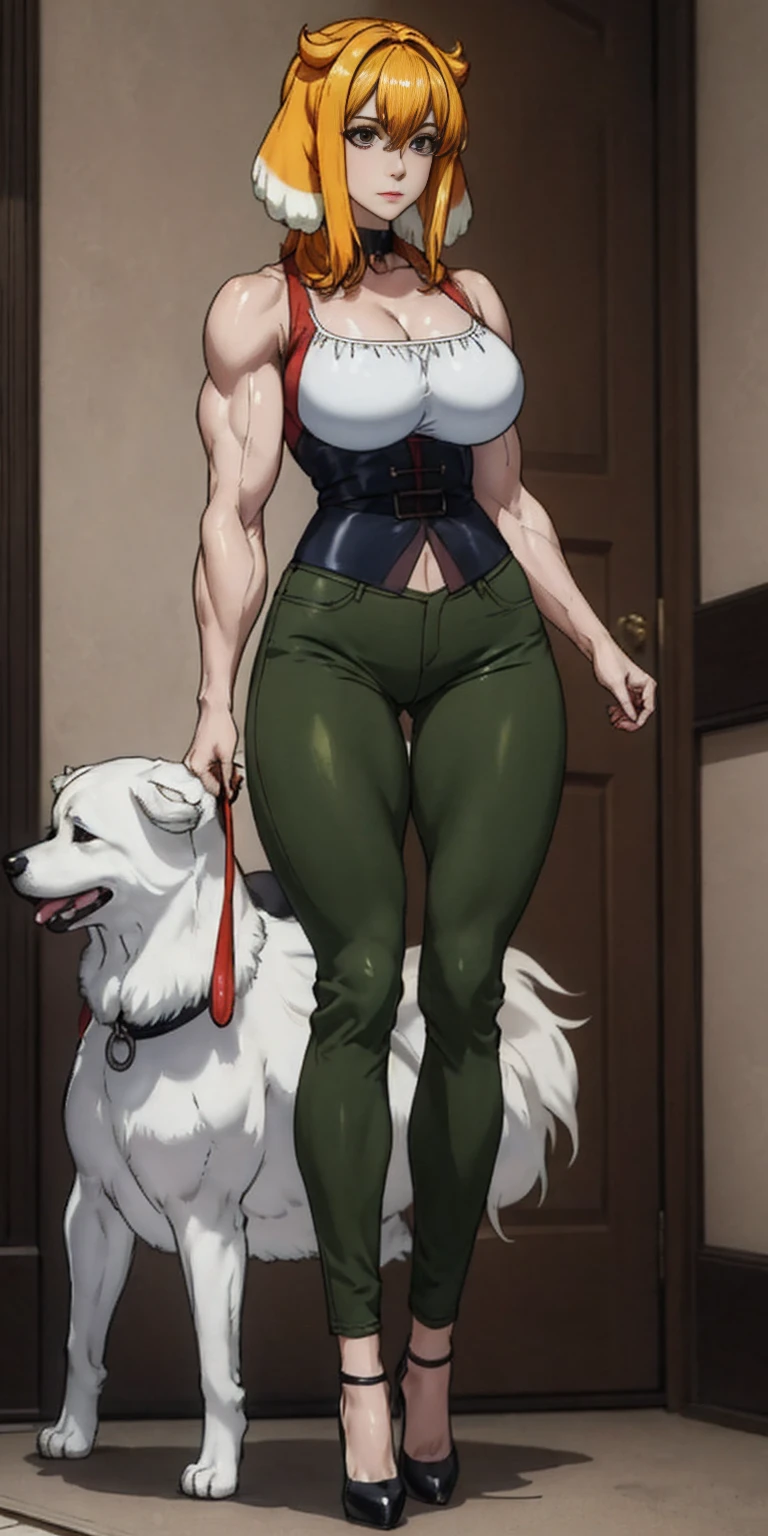 Masterpiece, burly woman, exaggerated large muscles, skinny pants, high-heels, standing on your feet, beautiful attractive face, full body like, single female, very fair skin, thin waist, very broad shoulders, strong and powerful arms, stout arms, strong and powerful leg muscles, looking to the camera, dog ears, fluffy dog ears