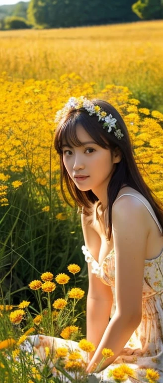 (((Exposing breasts 1.6))),(((Exposing breasts 1.6))),(((Exposing breasts 1.6))),masterpiece, Highest quality, 8k, Absurd, Beautiful medium long bob hair,Woman in her late 20s, That shy expression is cute, (Sensual Style),((Seven episodes were filmed.................1.4)), (Nude 1.5), No makeup, The near road and the far road, Written boundary depth, Surreal, High resolution, photograph, Sharp focus, Face lamp, Dynamic Lighting, highest detailed, ,Extreme detaileds、Super detaileded、detailed、Real Skin、elegant features、Positive and optimistic、(The background is a colorful flower field)