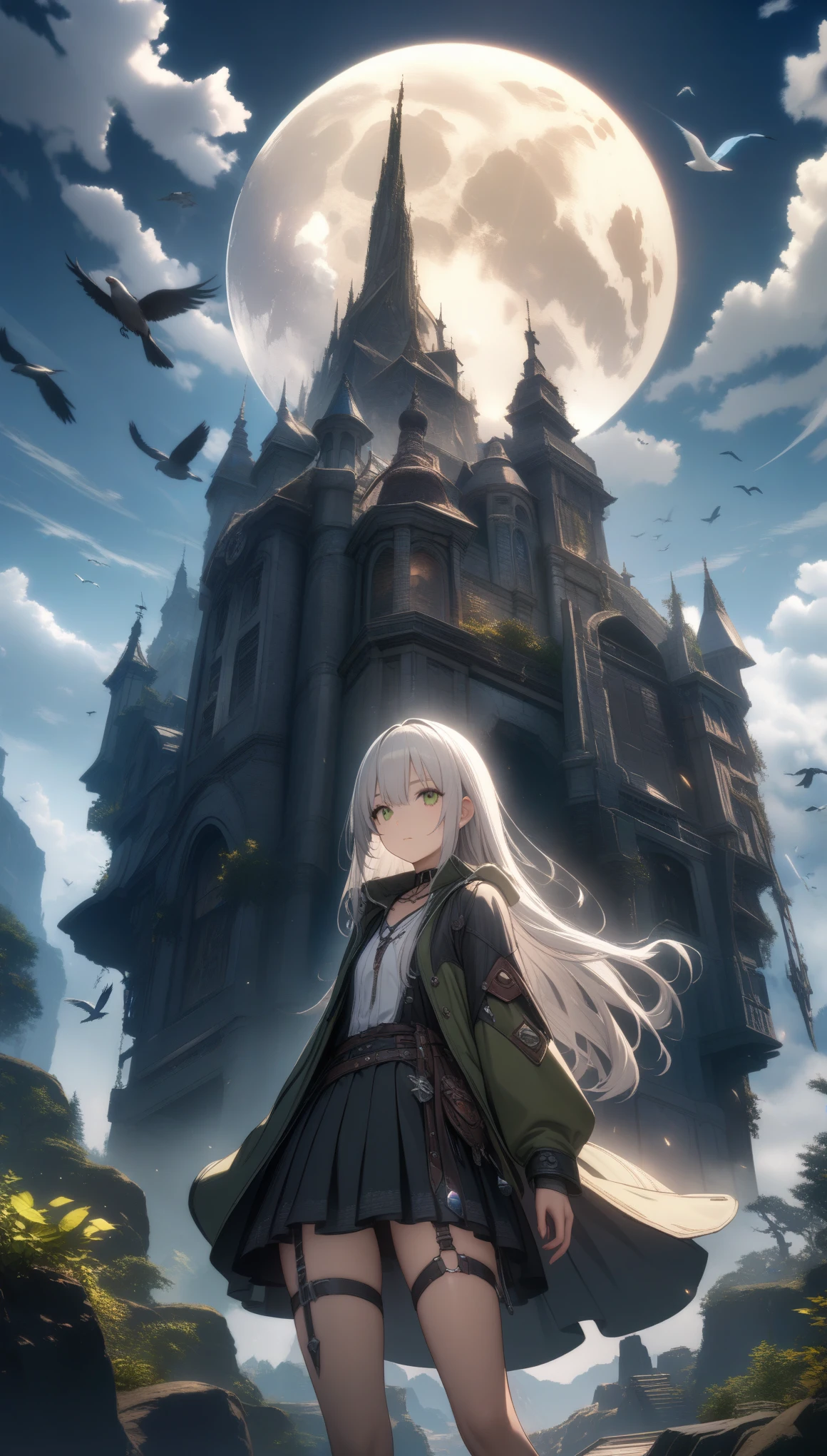 32k, best quality, ultra high res, HDR, UHD, extremely detailed CG, unity 32k wallpaper, highest quality, very detailed, masterpiece, Super detailed, cloud, witch_have, have, 1 girl, null, green_null,Day, length_hair, cloudy_null, moon,bird, alone, Silver_hair, witch, outdoor,  