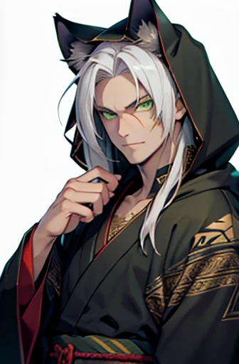 one male, lion ears, white hair, hair inside the hood ((green eyes)), tall, wearing edgCultist_hood, beautiful face, scars, highest quality, masterpiece, tatoo forehead, 3d, anime, perfect face, highest detail, feline eyes, stubble, detailed face, yukata clothes, intricate details, fantasy background, pride expression, solo,