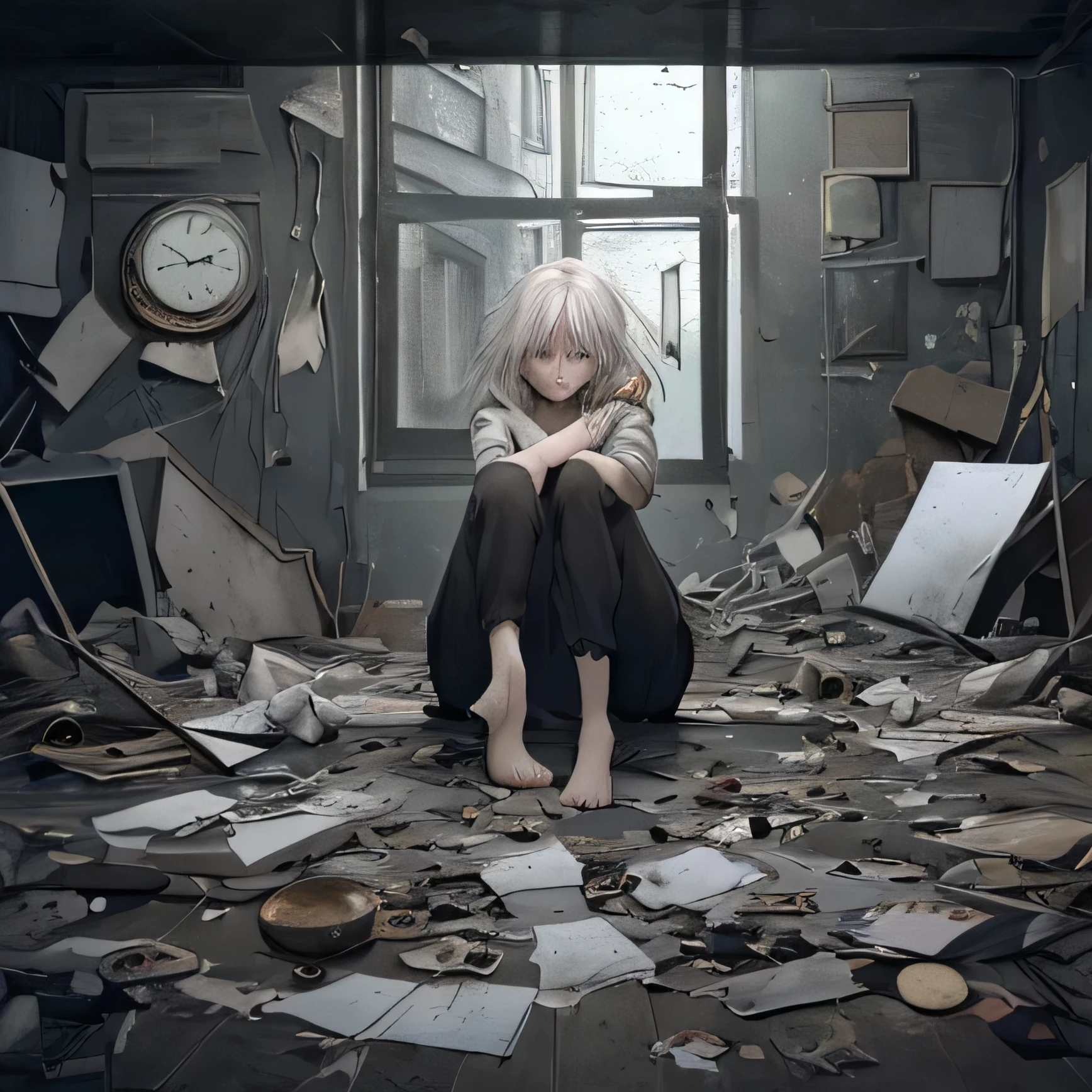 Crie uma imagem da personagem Sarah, uma jovem de cabelos e olhos castanhos, vestindo roupas um pouco antigas. She is inside a closed and dimly lit environment, with a perplexed expression, surpresa e um pouco assustada. Ao redor dela, visually represent the concept of messy time, with elements such as distorted clocks, torn calendars and fragments of memories in disarray, showing the unpredictable consequences of actions in the past.