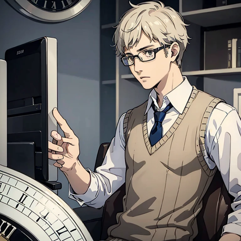 ((Human Male Young ager)) , white Messy hair , wearing  Glasses ,Tie , ((wearing sweater vest)) Tired eyes ,((solo )),Police officer , wearing Clock ,