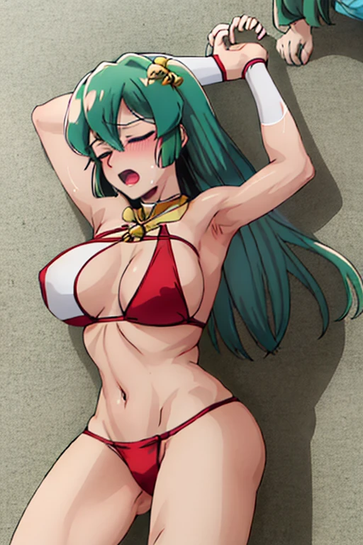 masterpiece, best quality, beautiful art, high resolution, well formed hands, body and fingers, 1 woman, solo, Sayo Minakami, adult, hair ornament,  big breasted, cleavage, full body, long hair,  wearing a Tyris Flare outfit, sexy and skimpy bikini, gorgeous legs and thighs, ryona , in peril, she is being beaten up by her opponent, being slammed against the floor, receiving the impact of her opponent's attacks, closed eyes, screaming in pain and agony, ryona and perilous scene, bouncing breasts, weak and helpless, martial arts tournament on the beach 