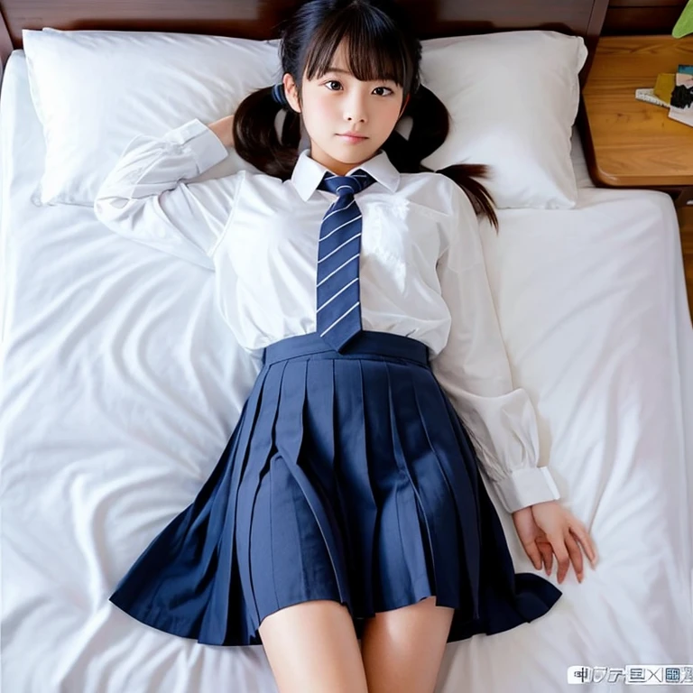 Twin tails, bed, elementary school student, spread legs, skirt up, sexy, knee up