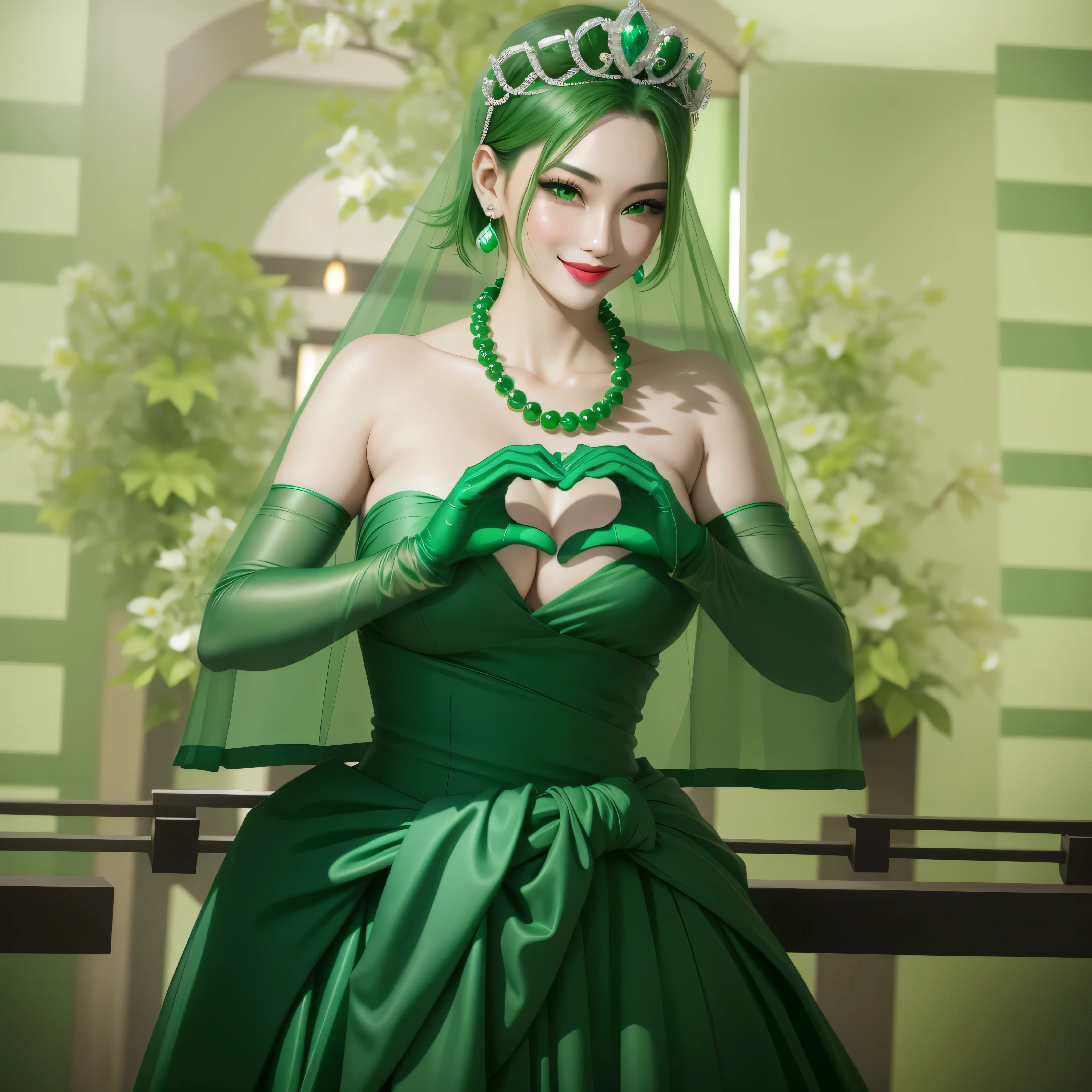 emerald tiara, green pearl necklace, boyish very short green hair, Green Lips, smiling Japanese woman, very short hair, Beautiful woman with big breasts, green eyes, Green satin long gloves, green eyes, emerald earrings, green veil, Heart with both hands, green hair, beautiful japanese woman, Heart shaped hands:1.3, green lip gloss
