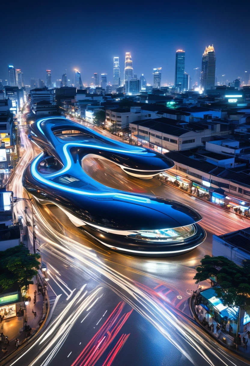 view of a futuristic building with a curved roof, zaha hadid style architecture, zaha hadid architecture, in style of zaha hadid architect, inspired by Zaha Hadid, by Zaha Hadid, architecture zaha hadid, portal, a few cars are driving down a busy city street at night, busy cityscape, busy city, busy city on background, traffic with light trails, bustling city, busy streets, bangkok, in busy city, busy street, high quality image, bangkok townsquare, thailand, long exposure outside the city, busy wet street at night, photography shot at blue hour, charging through city