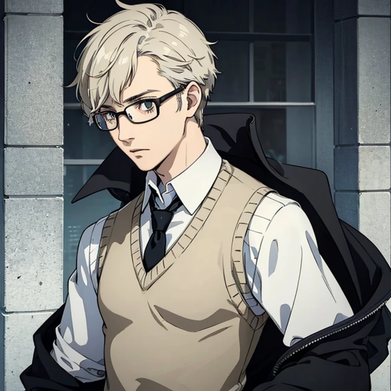 ((Human Male Young ager)) , white Messy hair , wearing Glasses ,Tie , ((wearing sweater vest)) Tired eyes ,((solo )),Police officer , black Coat