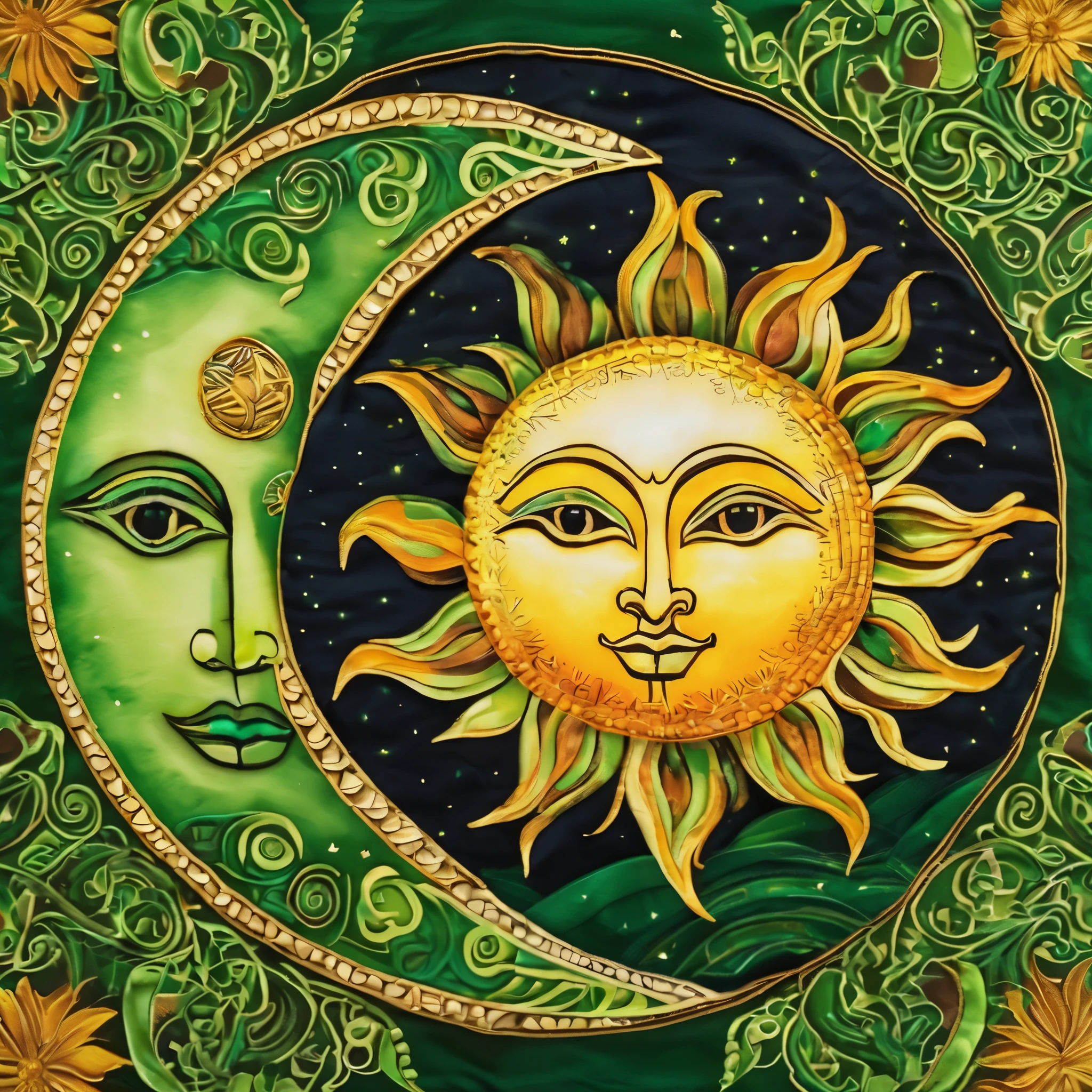 A fabric painting style image of sun and moon half of each of them combined together side by side. Green prominent. Dark background with beautiful patterns.